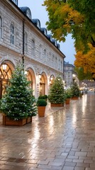 Fototapeta premium Christmas trees illuminating a festive evening street