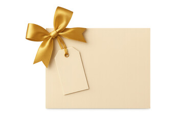 Blank cream card with gold satin bow and tag, offering space for custom message on transparent background