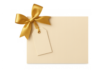 Blank cream card with gold satin bow and tag, offering space for custom message on transparent background