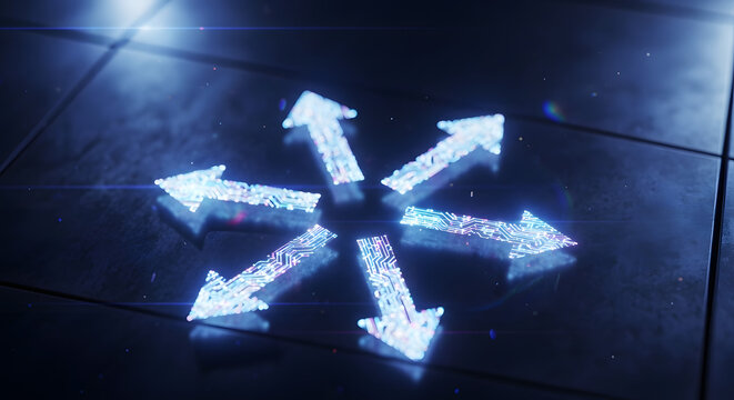 Six futuristic glowing digital arrows pointing outwards in a circle on a dark reflective floor.