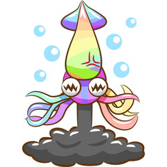 Fototapeta premium Pixel Art Rainbow Squid With Tentacles And Bubbles Ascending From Dark Cloud On Transparent Background