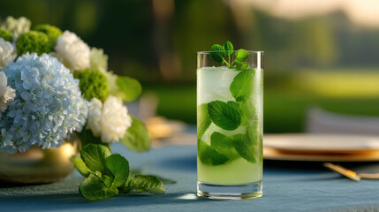 Mint leaves float near rim in refreshing drink at outdoor event setup with elegant floral decor