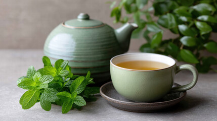 Mint leaves and used teapot in holistic living setting with green cup and fresh tea create calming atmosphere