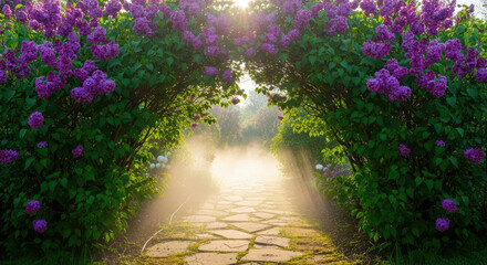 Obraz premium Purple Flower Covered Garden Archway With Climbing Vines.