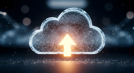 Digital cloud computing concept with an illuminated arrow pointing upwards, representing data upload.