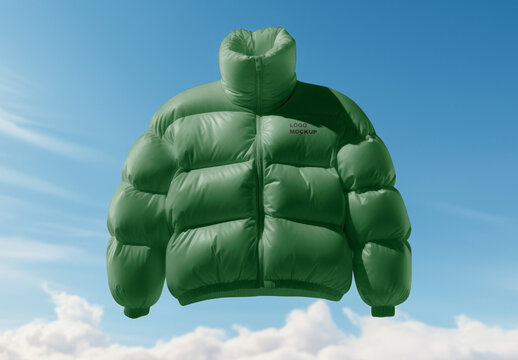 Green Puffer Jacket Mockup Floating Skyward PSD