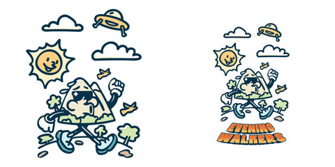 Groovy retro illustration of cool sporty mountain do walking exercise with joy and fun on evening below the beautiful of sunset, cartoon character for poster, card, banner, content, print and t-shirt