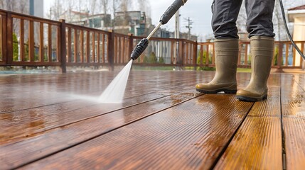 High Pressure Water Cleaning Wooden Terrace