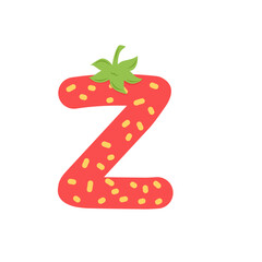 Cute strawberry letter Z illustration. Red fruit alphabet for kids learning, isolated on white background for design elements.