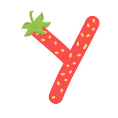 Alphabet Letter Y Designed as a Fresh Strawberry with Seeds and Stem, Cute Cartoon Style Illustration