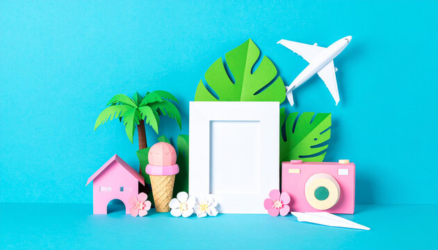 Vacation Paradise: A handcrafted collage of travel essentials, an invitation to a dream getaway, complete with palm tree, ice cream, camera, flower and airplane.
