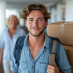 Fototapeta premium A man carrying a backpack and smiling at the camera