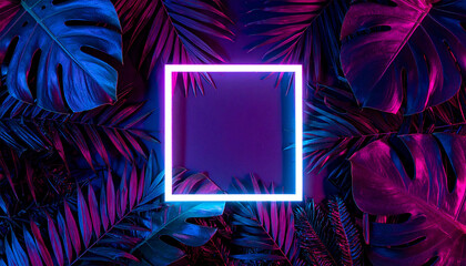 Neon square and Lush Foliage: A vibrant neon square glows amidst an array of lush tropical leaves, creating a captivating contrast of light and shadow.
