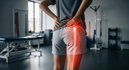 Patient with Sciatica Pain Illustrated by Glowing Red Nerve Line Down the Leg