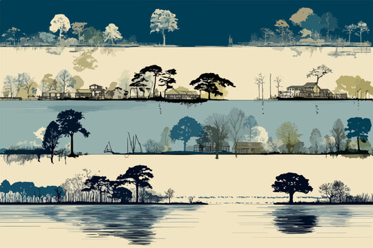 Eine ruhige Vektorillustration von B&auml;umen, die sich im Wasser spiegeln, in verschiedenen Schichten und Farbt&ouml;nen, die eine friedliche und nat&uuml;rliche Szene darstellen.