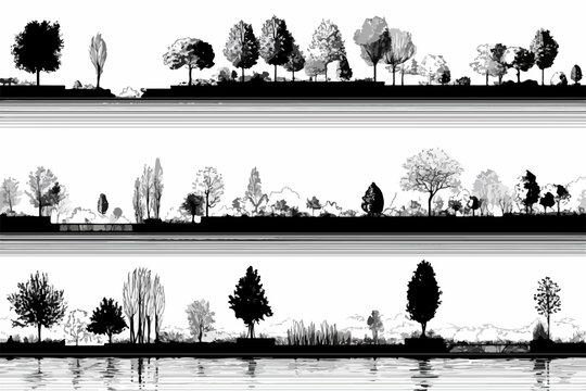 Diese Vektorgrafik zeigt eine Sammlung von Baumreihen in verschiedenen Stilen, die sich ideal f&uuml;r architektonische Darstellungen oder Landschaftsplanungen eignen.
