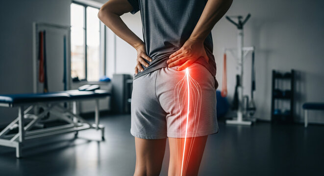 Patient with Sciatica Pain Illustrated by Glowing Red Nerve Line Down the Leg