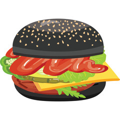 Pixel Art Style Black Burger With Cheese Lettuce Tomato And Bacon On A Transparent Background