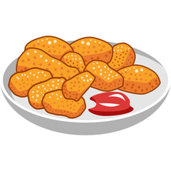 Pixel Art Style Chicken Nuggets on a Plate with Ketchup Dip Translucent Background