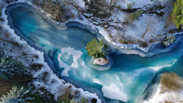 Aerial view of a serene winter river landscape.