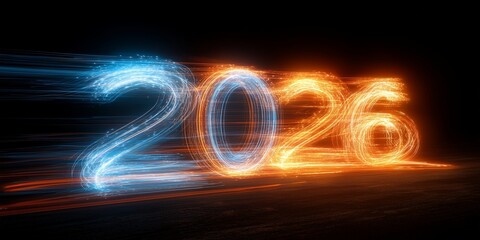 Abstract composition of glowing 2026 numbers made from blue and orange light trails, symbolizing speed and technology.

