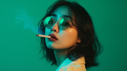 Asian woman smoking a cigarette