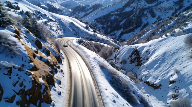 Winding road through snowy mountain landscape.