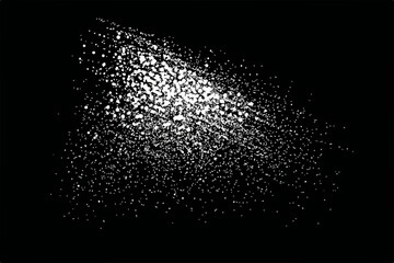 Obraz premium Abstrakte weiße Partikelstreuung als leuchtender Lichtstrahl oder Spritzer auf schwarzem Hintergrund.