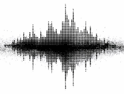 Abstrakte schwarze digitale Audio-Wellenform aus Punkten mit Grunge-Effekt auf wei&szlig;em Hintergrund.
