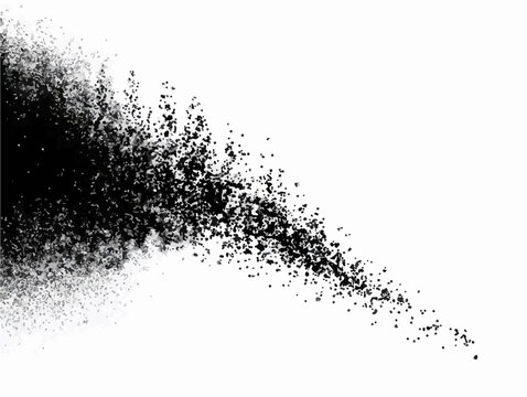 Abstrakte schwarze Partikelwolke als dynamischer Vektor-Spray-Effekt auf wei&szlig;em Hintergrund isoliert.