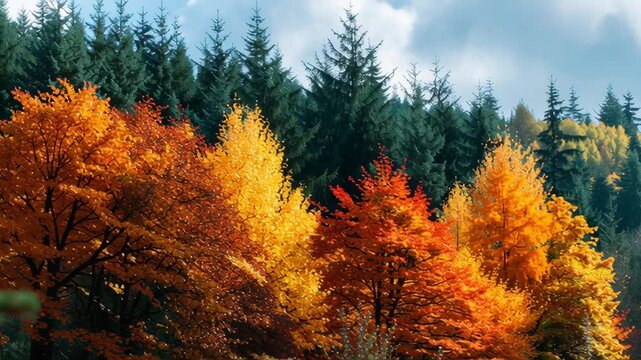 Vibrant autumn trees in a serene forest.