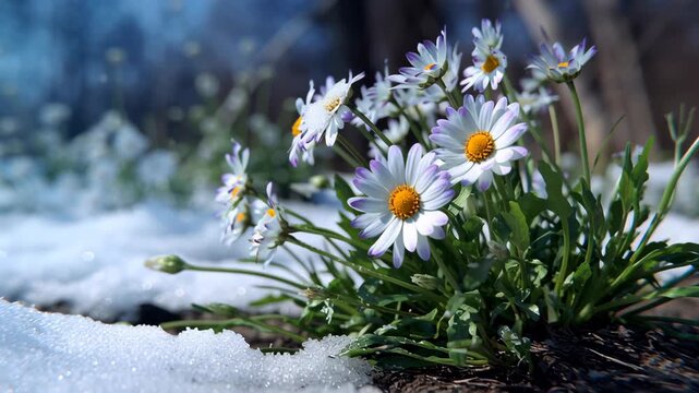 Daisies blooming under soft snowfall.