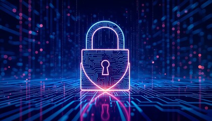 Digital security padlock protecting valuable data on illuminated circuit board network connection concept technology