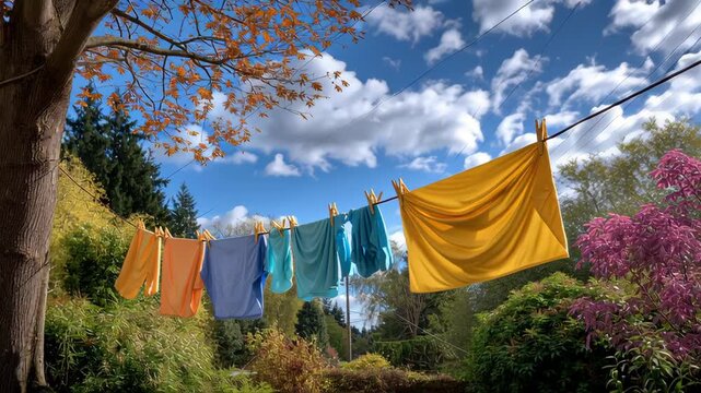 Colorful clothes drying under a sunny sky.