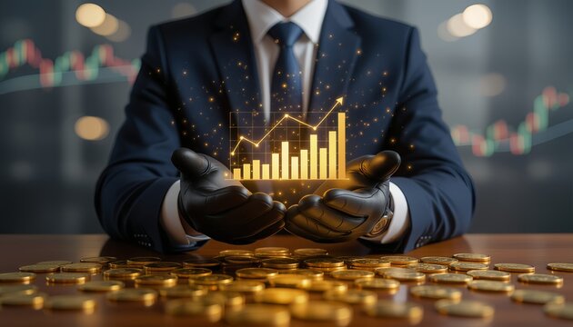 A professional businessman in white gloves presents a glowing bar chart showing substantial financial data growth in gold coins, symbolizing successful investment strategy