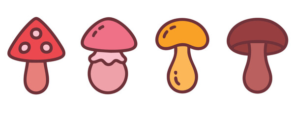 Four Colorful Cartoon Mushrooms, Set of Cute Doodle Fungi, Vector Illustration of Assorted Mushrooms, vector, illustration.
