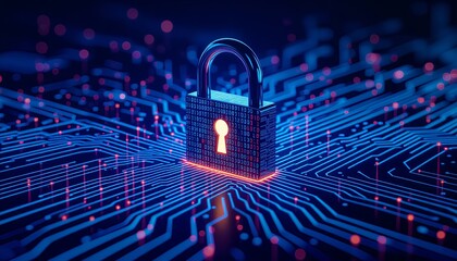 Futuristic technology lock over glowing binary code representing privacy and system protection abstract visual
