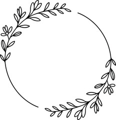 Hand-Drawn Floral Wreath Circle Frame Vector Illustration Botanical Leaf and Flower Border Design Isolated on White Background