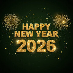 Golden happy new year 2026 text with sparkling fireworks and confetti on dark background