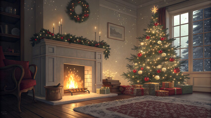 A warm Christmas interior featuring a fireplace with festive decorations and a fully trimmed Christmas tree in the living room