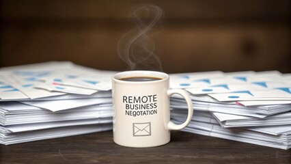 negotiation discussion agreement compromise business concept. Coffee mug on documents symbolizing remote business negotiation.