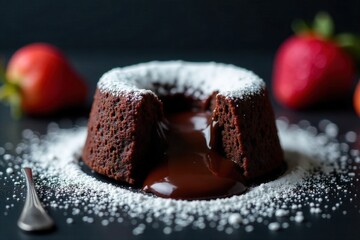 Rich Chocolate Lava Cake with a Molten Center and Powdered Sugar Dusting A close up, slightly elevated view of a dark chocolate lava cake on a dark, textured surface. The cake has a perfectly cooked