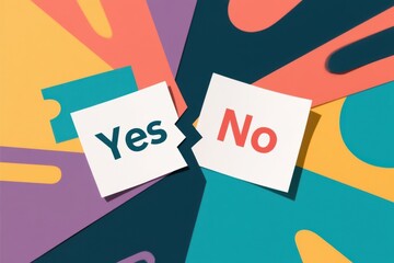 negotiation discussion agreement compromise business concept. Colorful cards displaying "Yes" and "No" with abstract background patterns.