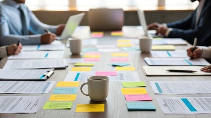 negotiation discussion agreement compromise business concept. Collaborative work session with documents and sticky notes on a table.