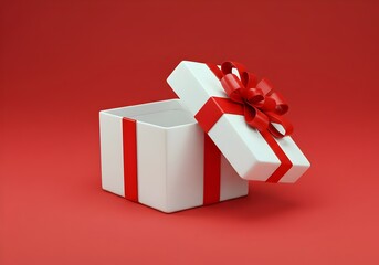 Blank white gift box mockup exhibition booth stand open or opened present box with red ribbon bow isolated on dark red background with shadow minimal creative idea conceptual 3D rendering, wallpaper,