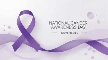 Purple ribbon symbolizes national cancer awareness day with elegant flowing design and subtle pearl accents