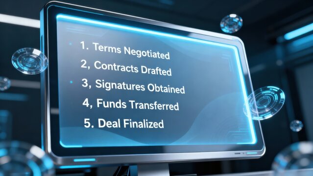 negotiation discussion agreement compromise business concept. Digital screen displaying business contract steps in a futuristic setting. - Powered by Adobe