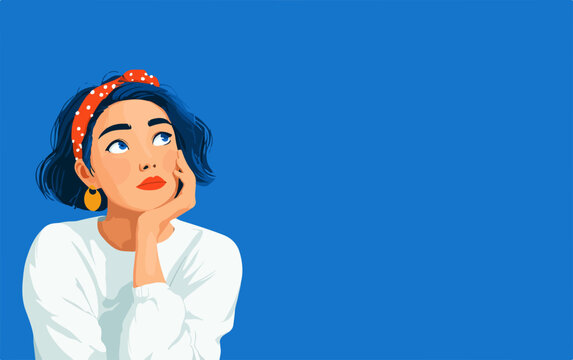 Eine junge Frau blickt nachdenklich in den blauen Himmel, ihre Gedanken schweifen ab.