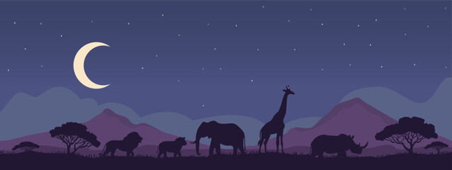 jungle safari zoo banner,  animal silhouette,  night adventure background, sales discount promotion , vector art © AKIO