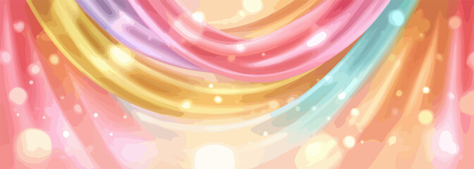 Bunte Stoffbahnen mit funkelnden Lichtern und Bokeh-Effekten im Hintergrund